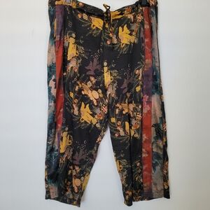 JOHNNY WAS Wide Leg Pant Size XS Black Silk Blend Asian Floral Pattern Lagen